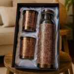 Pure Copper Drinkware Gift Set - Antique Dark Finish, Embossed Design, Water Bottle - Image 2