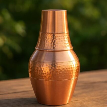 METALS BAZAR PURE COPPER BEDROOM HAMMERED SILK FINISH SURAHI DESIGN BOTTLE (Gold)1250ml