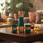 Copper Drinkware Gift Set of 2 Glass and 1 Bottle With Silk Finish Color - Green - Image 3