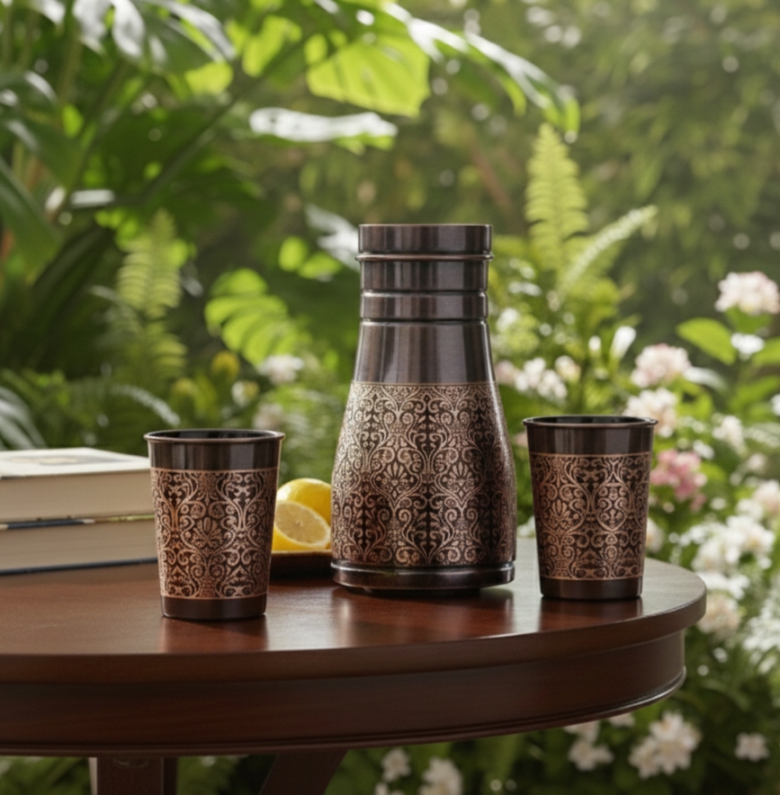 Oplus_16908288 Copper Bedroom Antique Dark Finished Bottle with 2 Copper Glass - Image 1