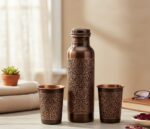 Pure Copper Drinkware Gift Set - Antique Dark Finish, Embossed Design, Water Bottle