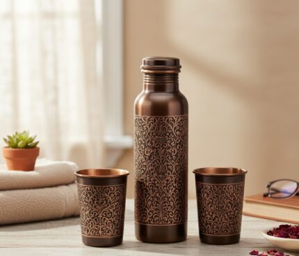 Pure Copper Drinkware Gift Set - Antique Dark Finish, Embossed Design, Water Bottle