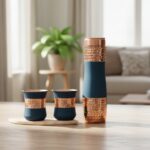 METALS BAZAR PURE COPPER DRINKWARE GIFT SET OF TWO GLASS and 1 BOTTLE WITH SILK FINISH COLOR BLUE