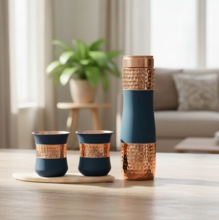 METALS BAZAR PURE COPPER DRINKWARE GIFT SET OF TWO GLASS and 1 BOTTLE WITH SILK FINISH COLOR BLUE
