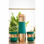 Copper Drinkware Gift Set of 2 Glass and 1 Bottle With Silk Finish Color - Green