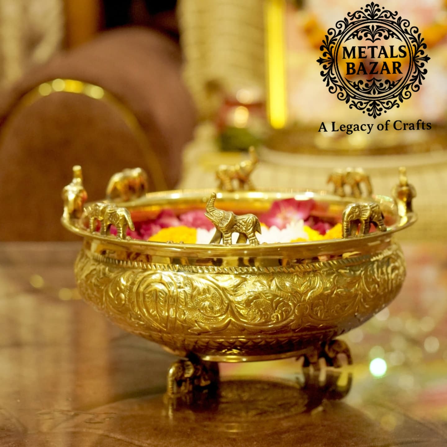 IMG_20250914_200039_845 METALS BAZAR PURE BRASS EMBOSSED DESIGN URLI ELEPHANT STATUE-15cm - Image 1