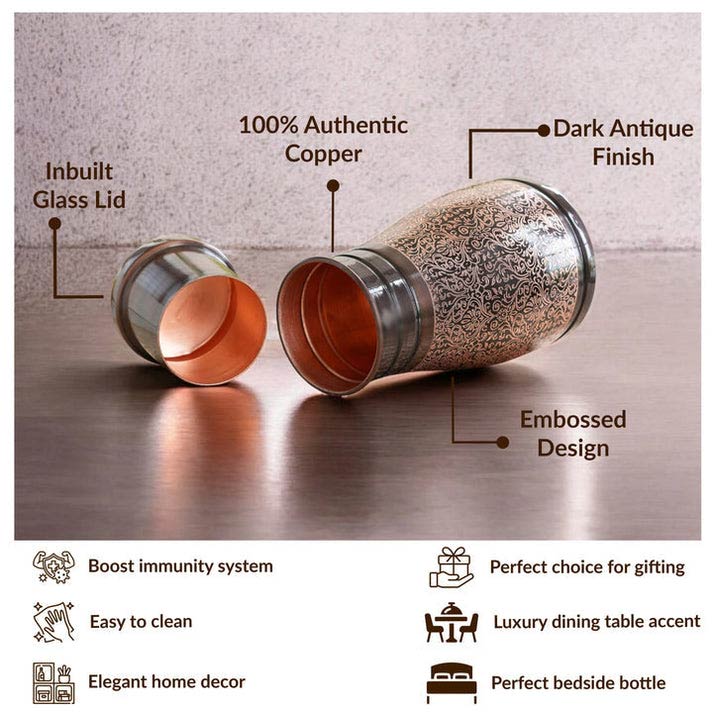 5033-12_5d878ddb-8aa8-421b-8448-c3d087aefc98 Pure Copper Bottle Embossed Bedroom Bottle With Inbuilt Glass- AntiqueDark - Image 4