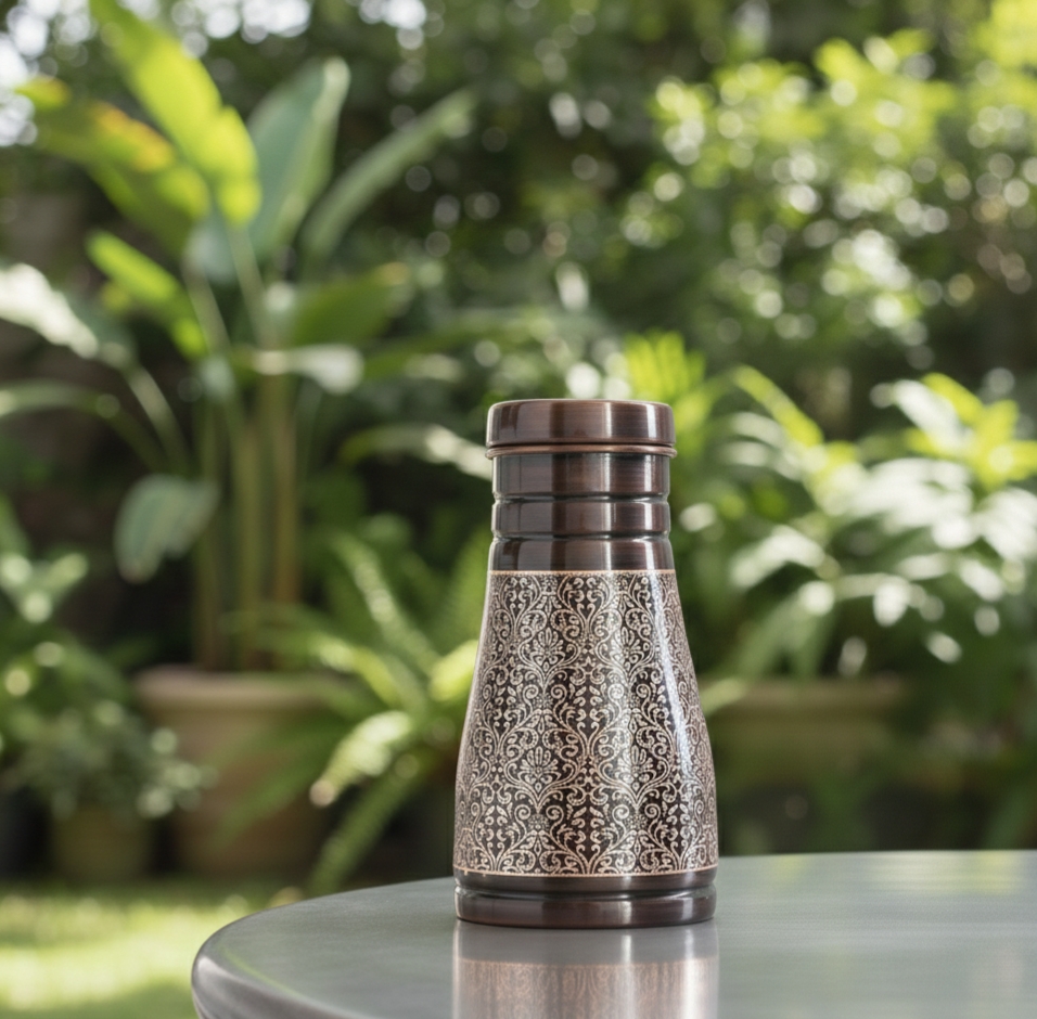 Oplus_16908288 Pure Copper Bottle Embossed Bedroom Bottle With Inbuilt Glass- AntiqueDark - Image 1